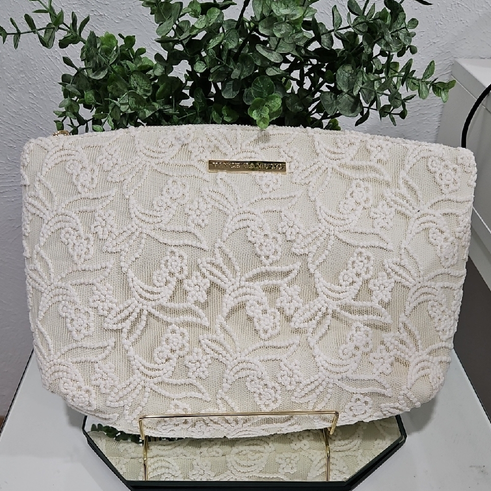 Vince Camuto Elegant Cream Textured Lace Clutch